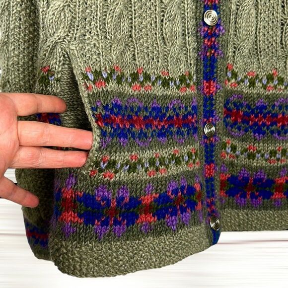 Lost Horizons Nepal Olive Green Wool Nordic Hand Knitted Cardigan Sweater L - Picture 6 of 12